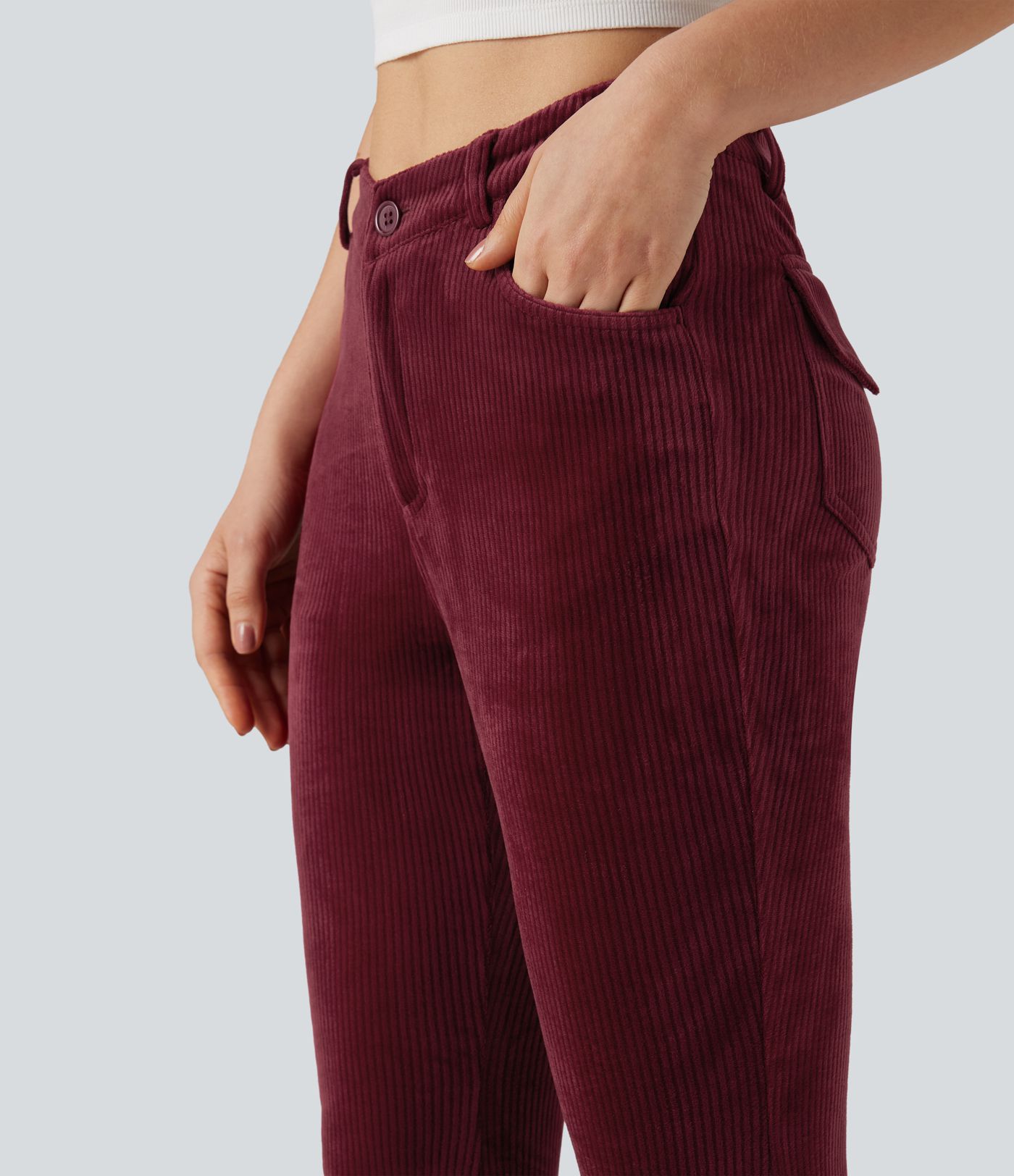Ribbed Velvet V-Shaped High Waisted Casual Flare Pants with Pockets