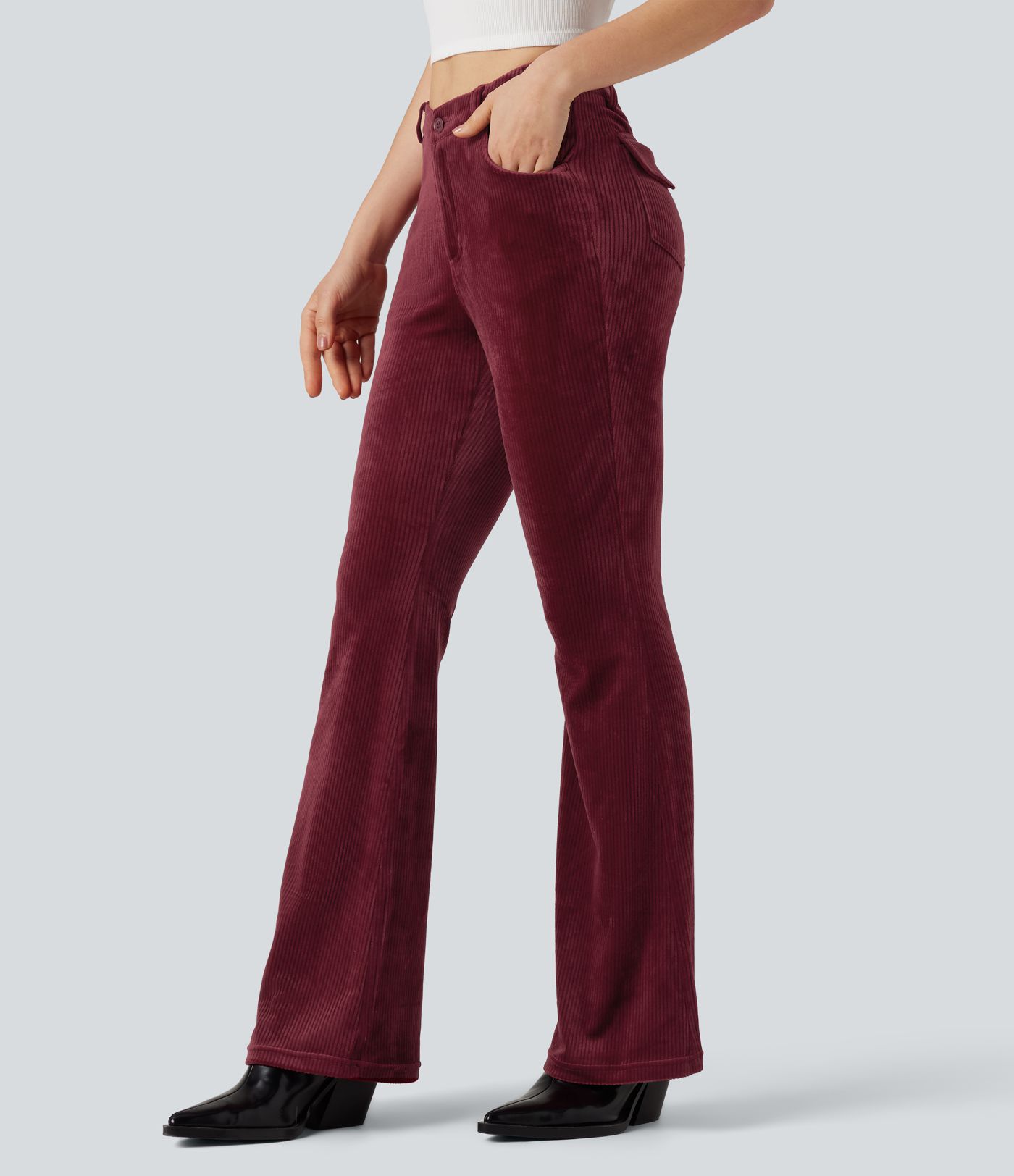 Ribbed Velvet V-Shaped High Waisted Casual Flare Pants with Pockets