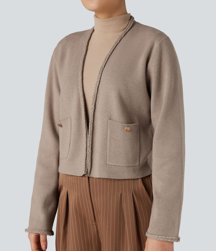 Long Sleeve Open Front Work Cardigan with Pockets