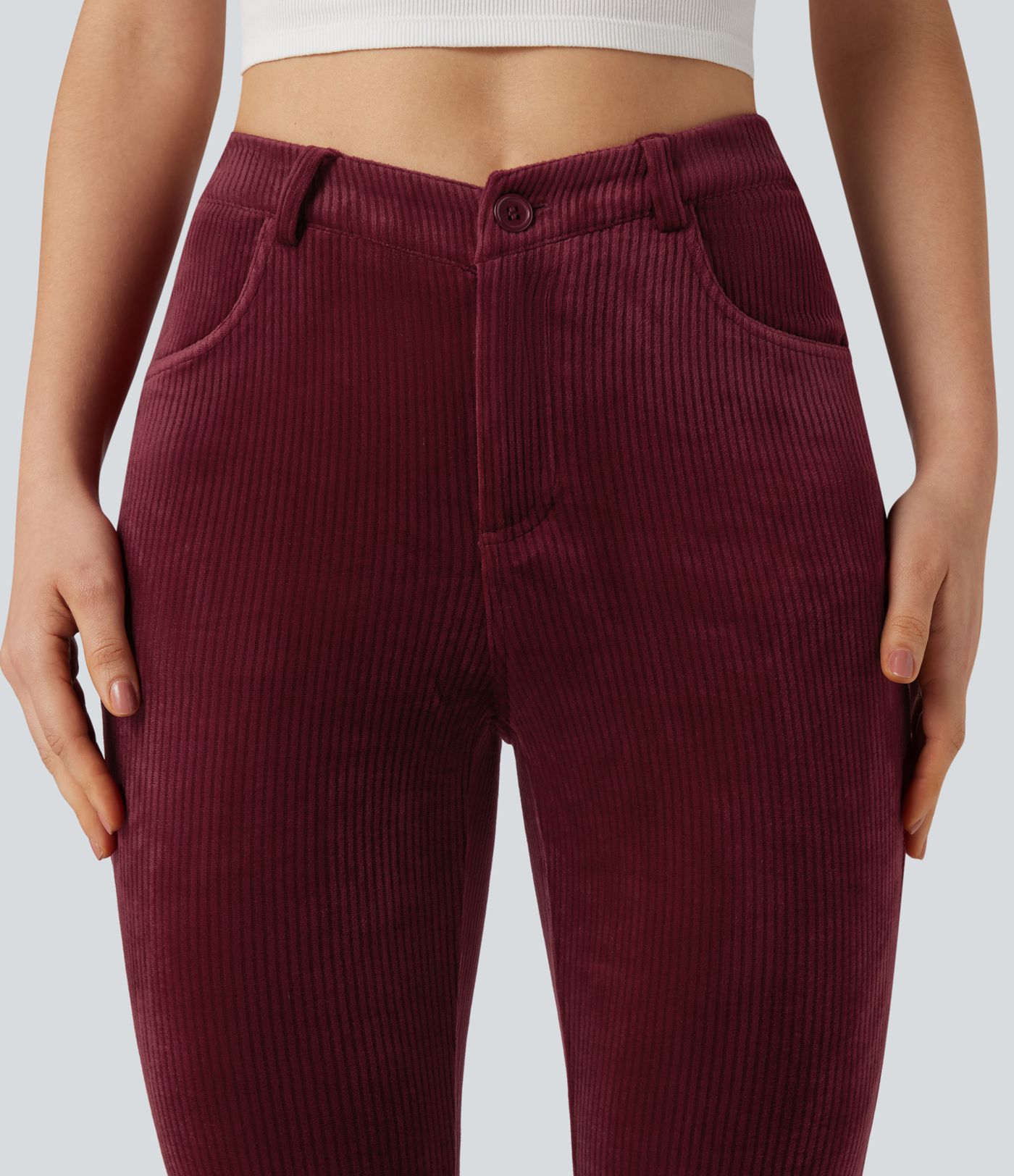 Ribbed Velvet V-Shaped High Waisted Casual Flare Pants with Pockets