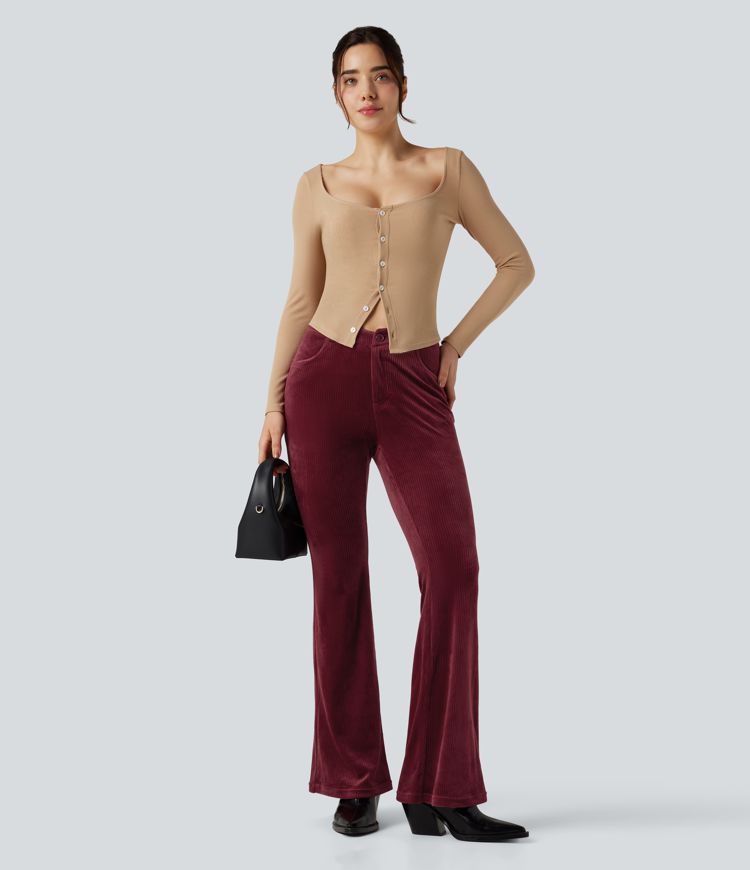Ribbed Velvet V-Shaped High Waisted Casual Flare Pants with Pockets