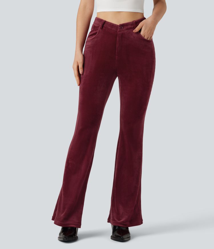Ribbed Velvet V-Shaped High Waisted Casual Flare Pants with Pockets