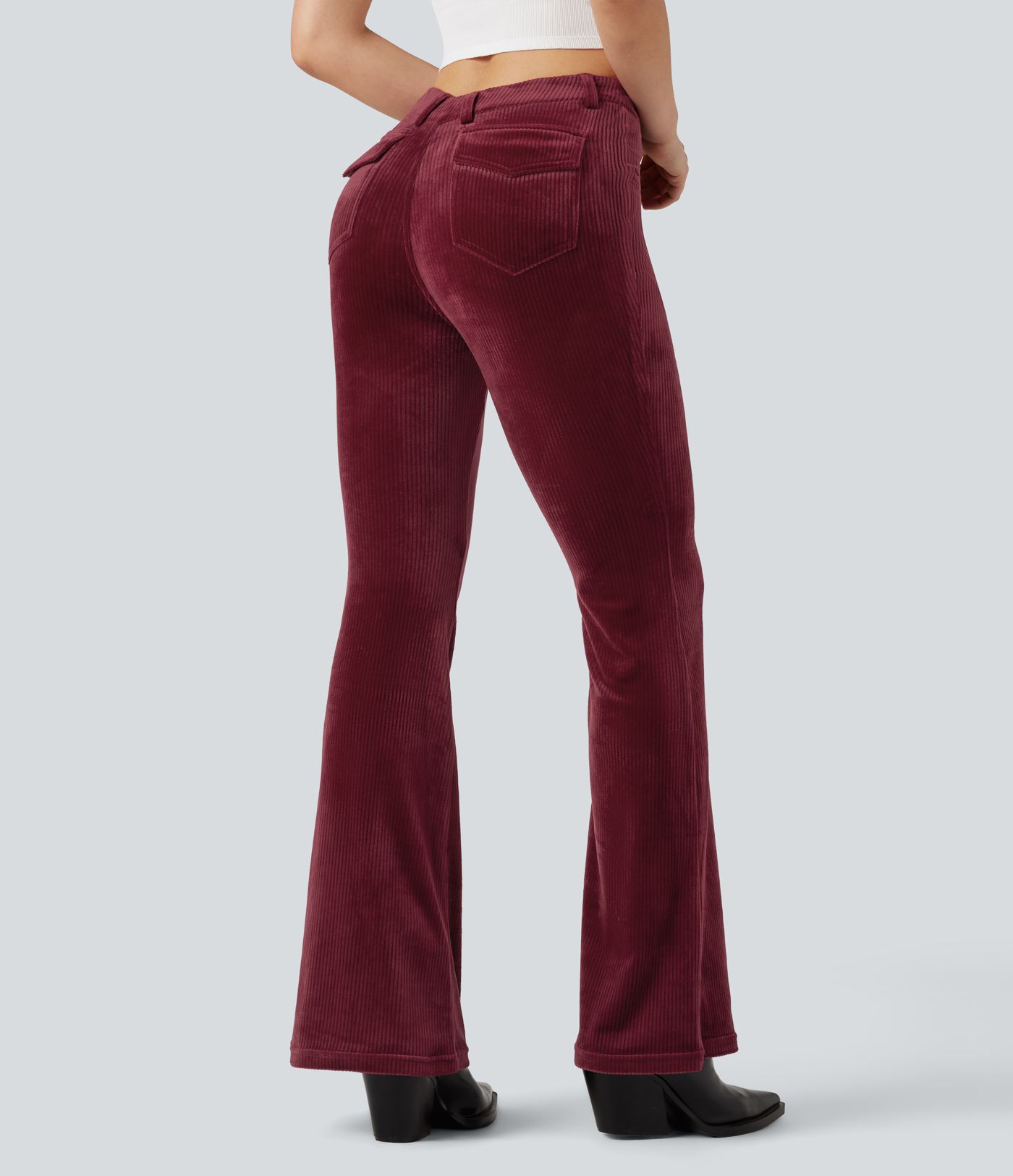 Ribbed Velvet V-Shaped High Waisted Casual Flare Pants with Pockets