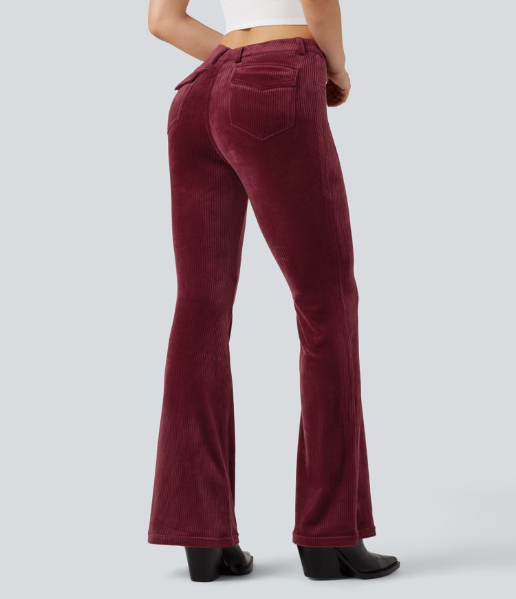 Ribbed Velvet V-Shaped High Waisted Casual Flare Pants with Pockets
