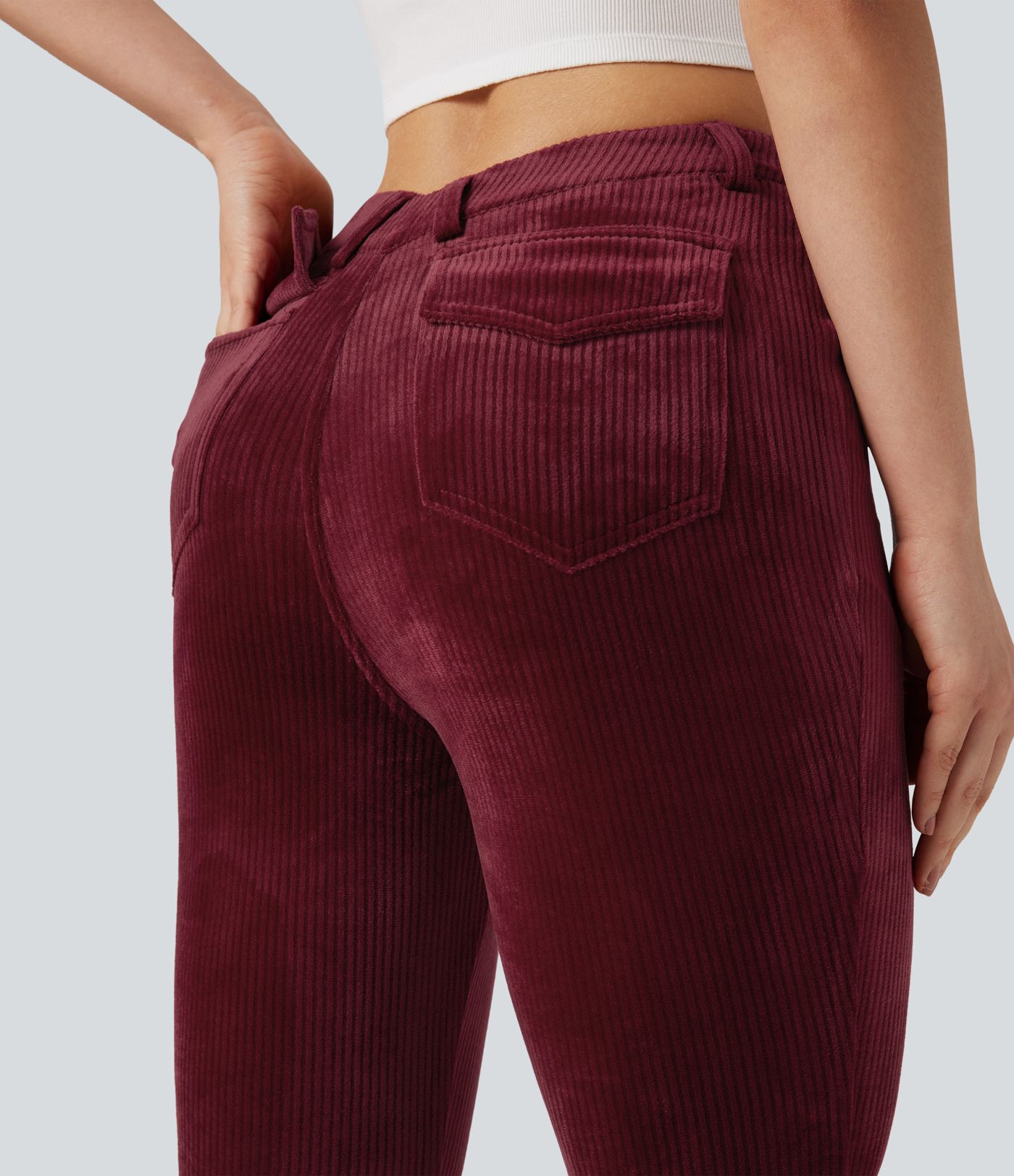 Ribbed Velvet V-Shaped High Waisted Casual Flare Pants with Pockets