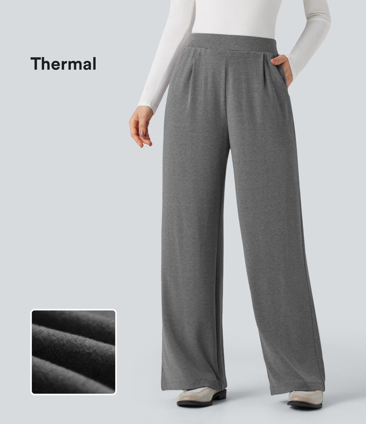  High Waisted Wide Leg Thermal Work Pants with Pockets