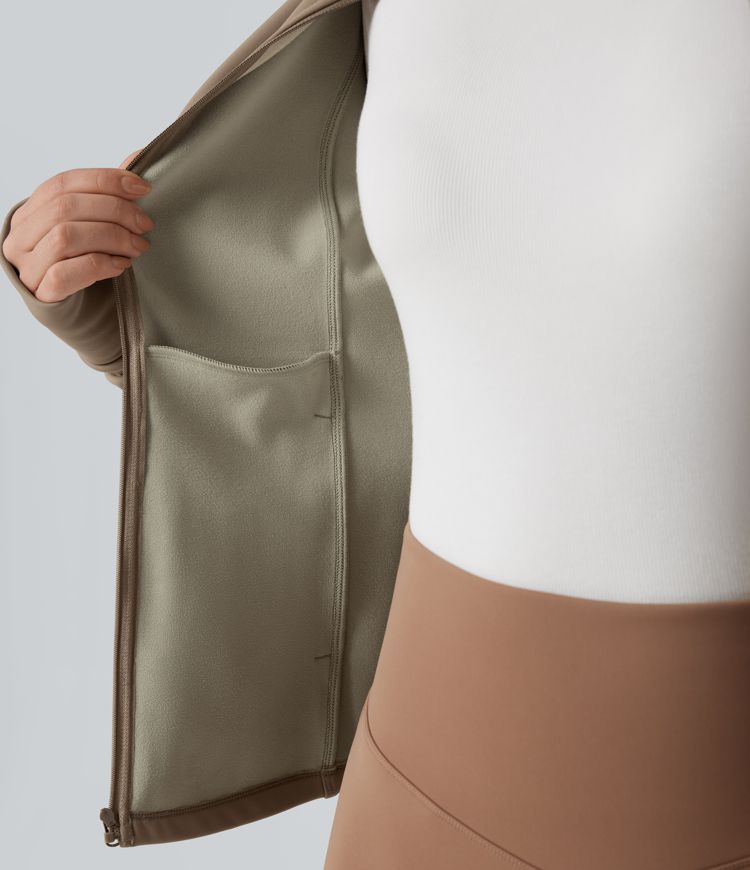 Long Sleeve Thumb Hole Fleece Workout Jacket with Pockets