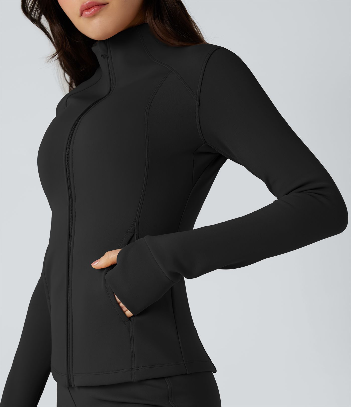 Fleece-Trainingsjacke mit langen Ärmeln, Daumenlöchern und Taschen