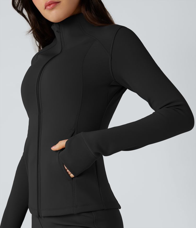 Fleece-Trainingsjacke mit langen Ärmeln, Daumenlöchern und Taschen