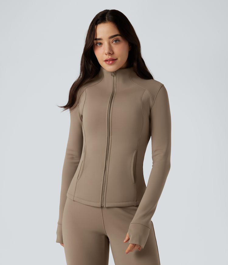 Long Sleeve Thumb Hole Fleece Workout Jacket with Pockets