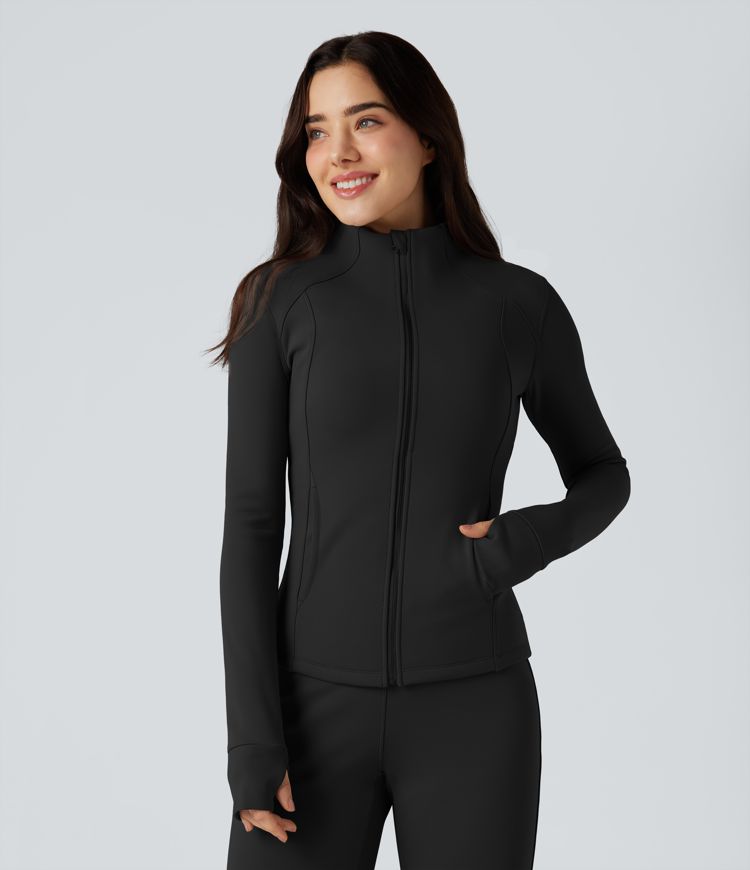 Long Sleeve Thumb Hole Fleece Workout Jacket with Pockets