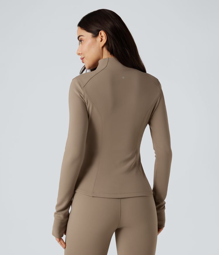 Long Sleeve Thumb Hole Fleece Workout Jacket with Pockets