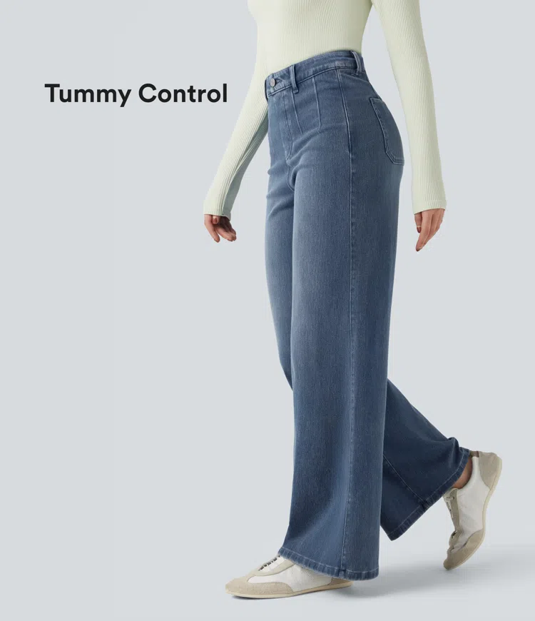 Jeans casuales anchos Halara Flex™ con control de abdomen y tiro medio con bolsillos