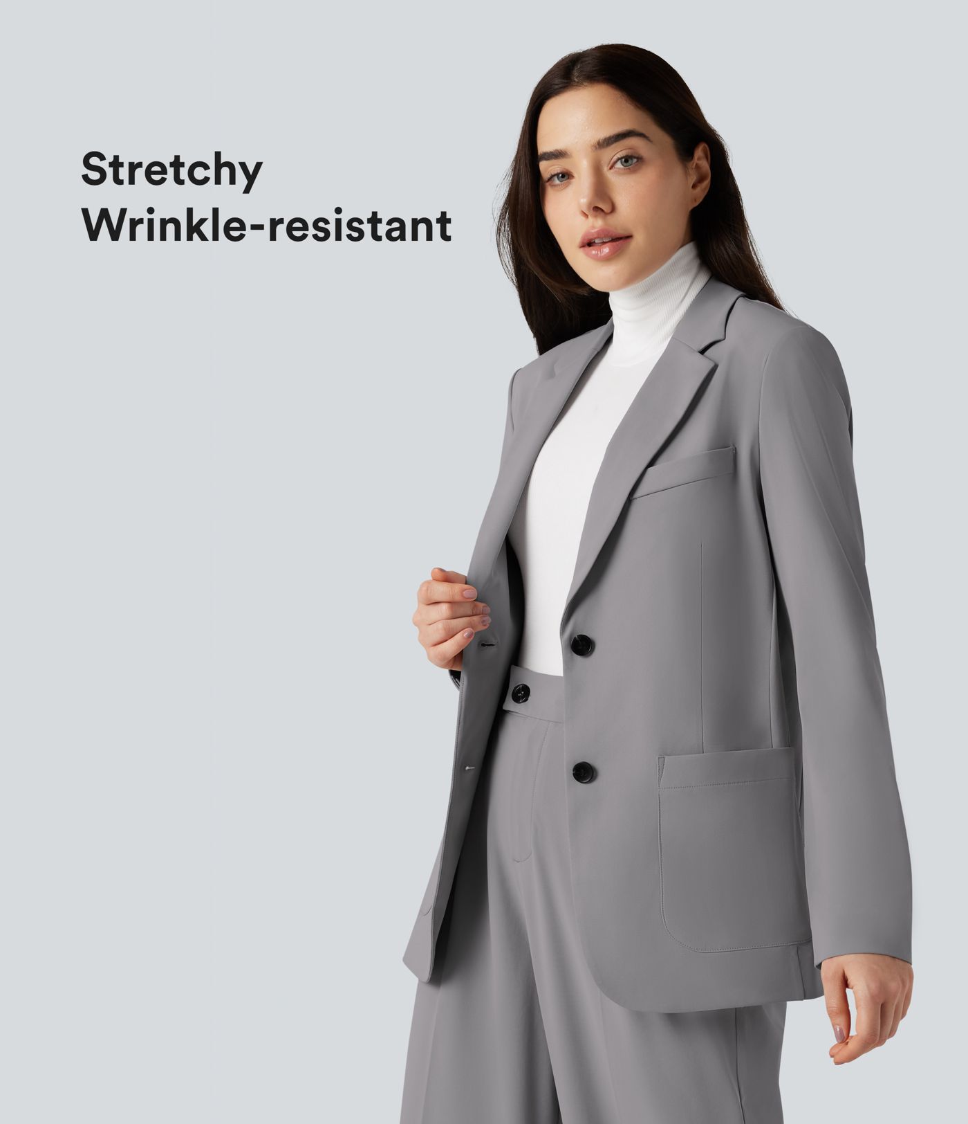 Skrynkelfri långärmad arbetskavaj med inskuren krage och fickor