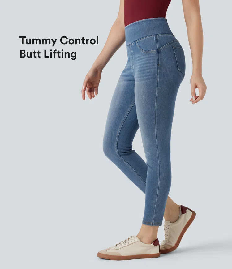 Tide Blue Denim Halara Flex™ High-waisted Shaping Butt-lifting Tummy Control Skinny Denim Casual 7/8 Leggings with Pockets / 1
