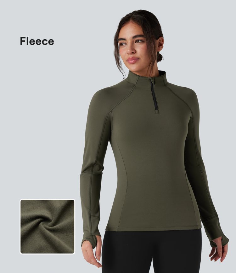 Stand Collar Half Zip Long Sleeve Thumb Hole Fleece Hiking Sports Top