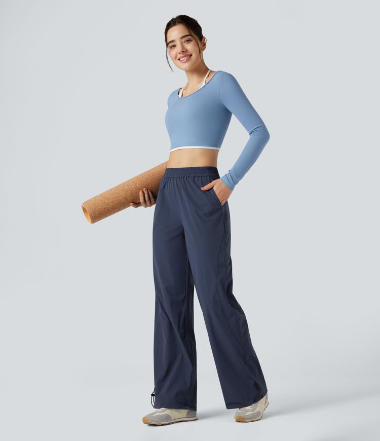 Pantalon yoga baggy taille haute avec cordon de serrage ajustable et poches