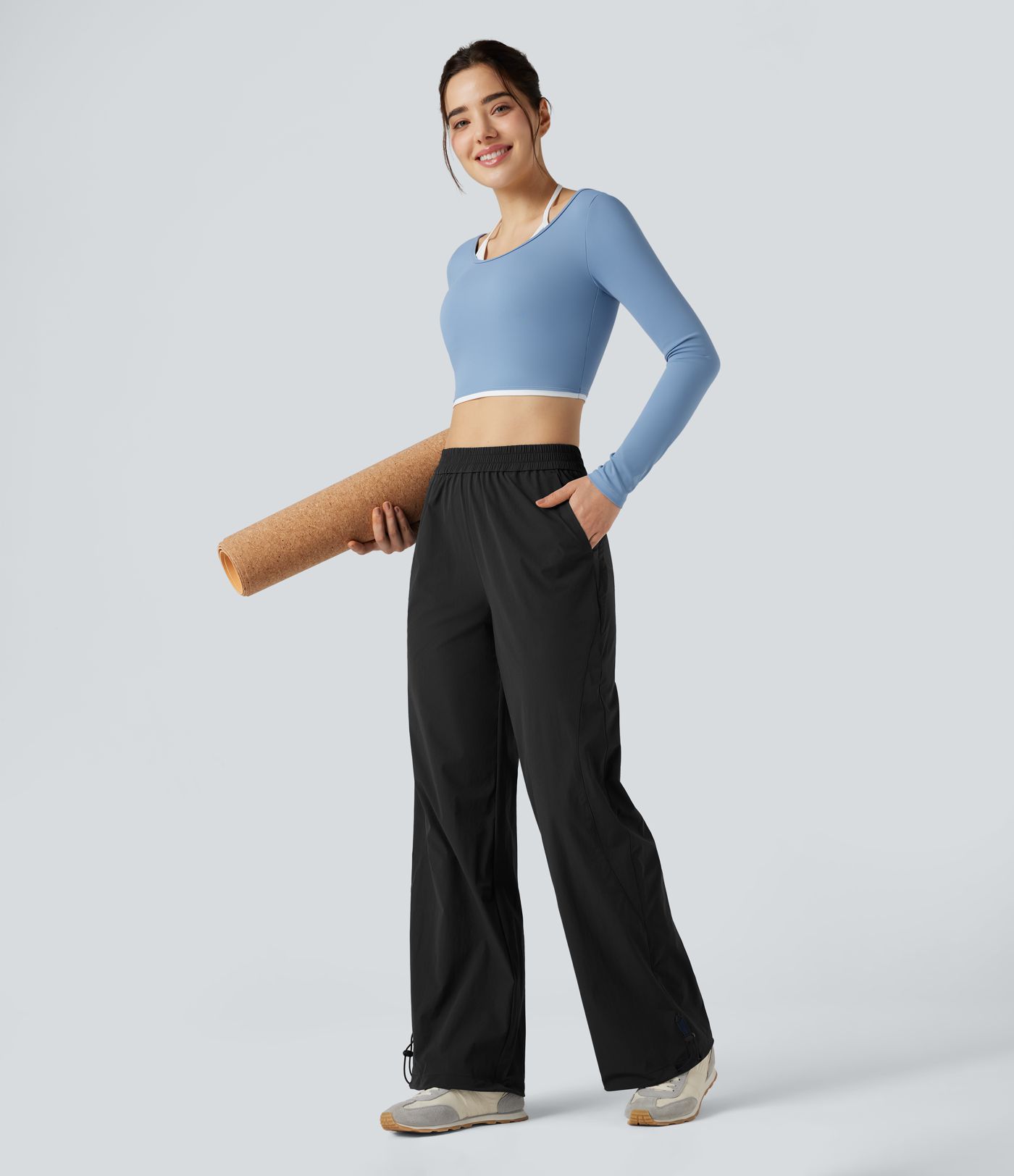Pantalon yoga baggy taille haute avec cordon de serrage ajustable et poches