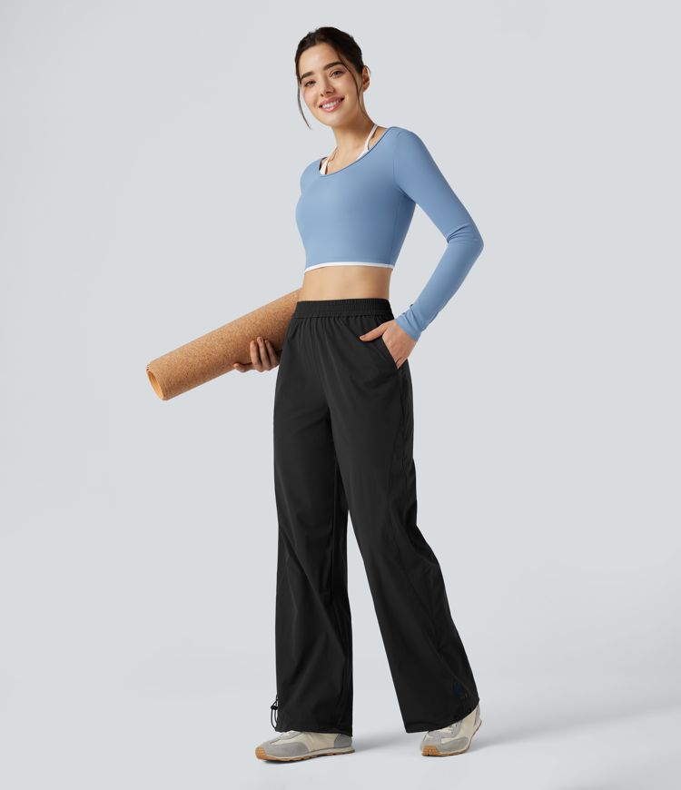Pantalon yoga baggy taille haute avec cordon de serrage ajustable et poches
