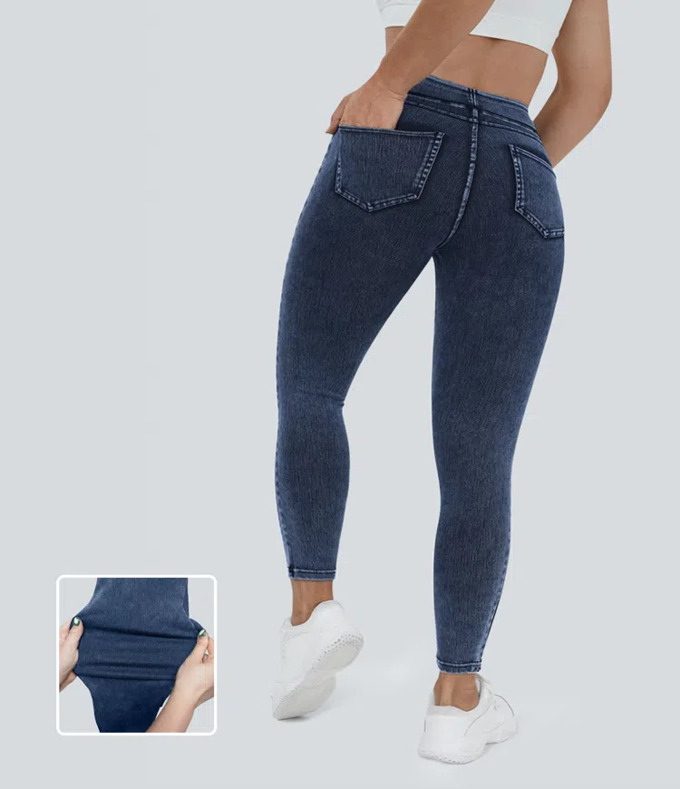 Washed Denim Navy Blue Halara Flex™ Denim-Leggings mit hohem Bund und Taschen, lässig, in Übergröße / 1