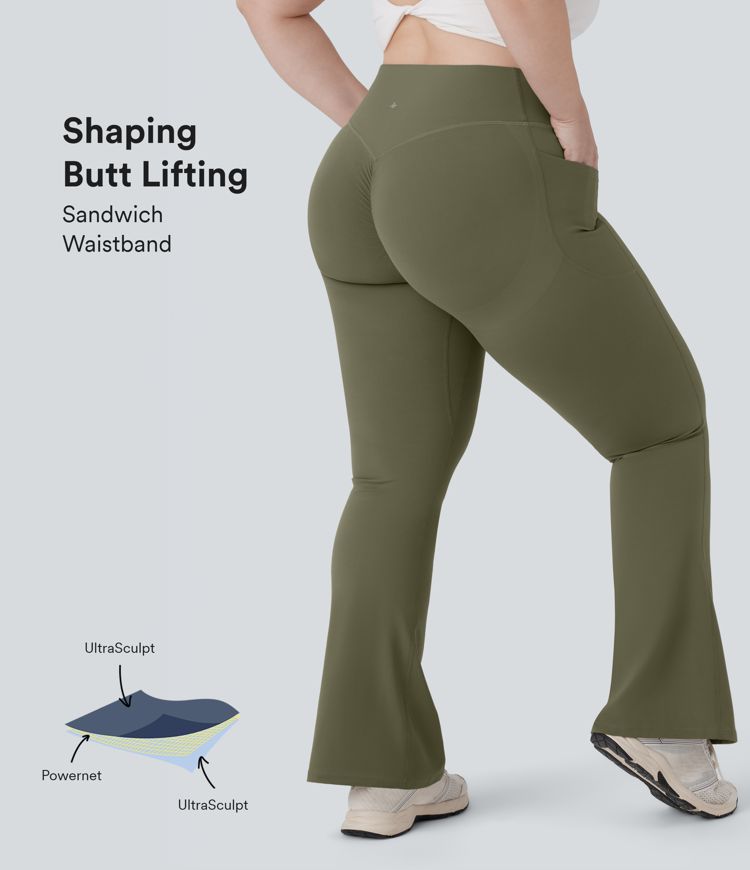 Halara UltraSculpt™ SoCinched High Waisted Scrunch Butt Lifting Tummy Control Pocket Shaping Yoga Bootcut Plus Size Leggings