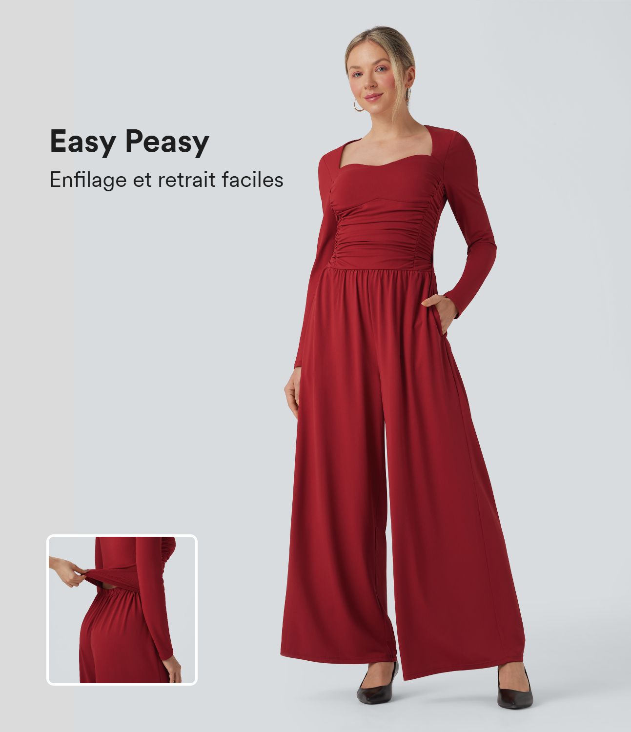 Combinaison décontractée froncée décolleté cœur manches longues avec poches - Édition Easy Peasy