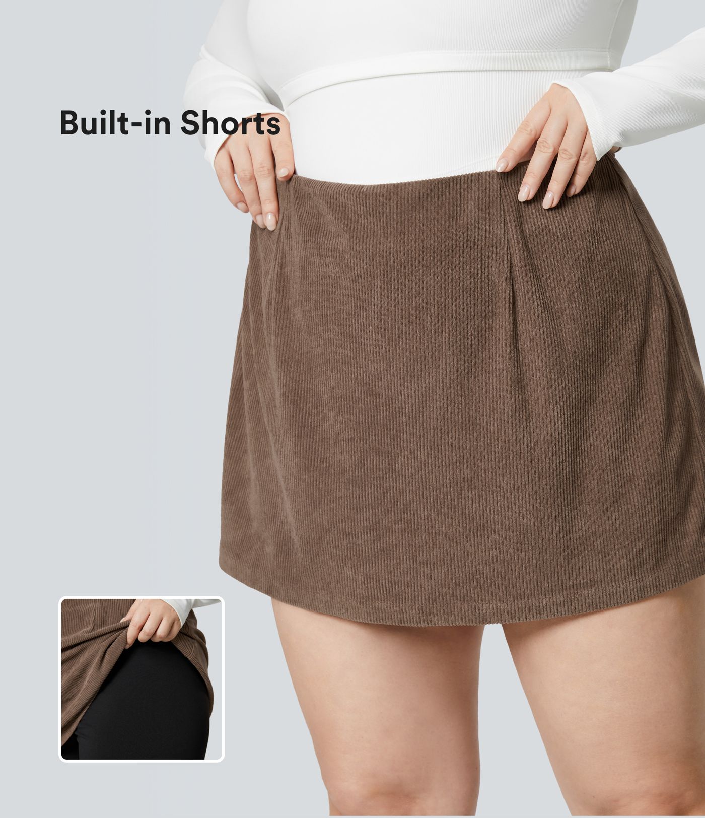 Plus-Size 2-in-1-Mini-Cordrock mit hohem Bund und unsichtbarem Reißverschluss