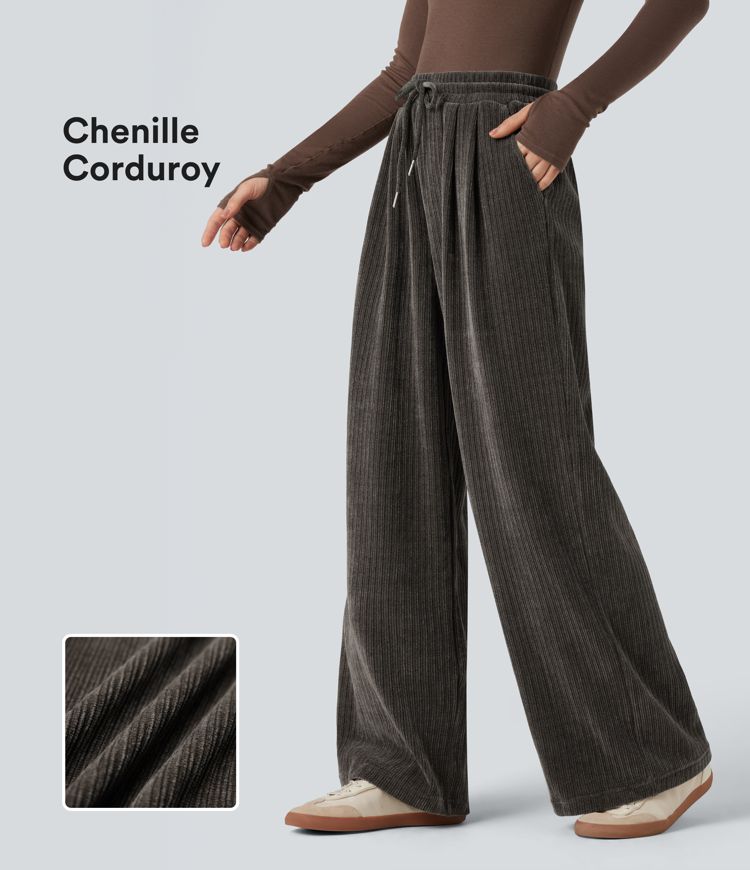Pantalon baggy velours côtelé chenille taille mi-haute avec cordon de serrage et poches