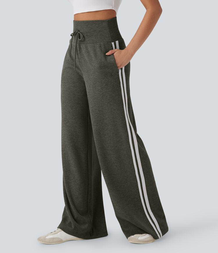 Pantalon casual côtelé SoCinched taille haute gainant large fluide color block avec cordon de serrage et poches latérales