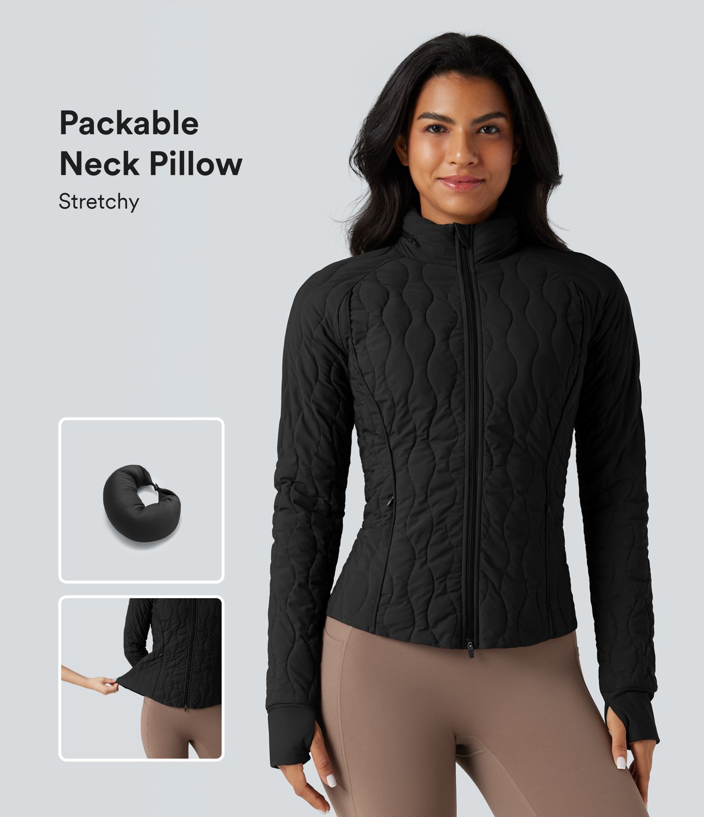 Veste d'entraînement matelassée extensible col montant avec passants pouces PuffFlex avec poches - Oreiller de voyage pliable