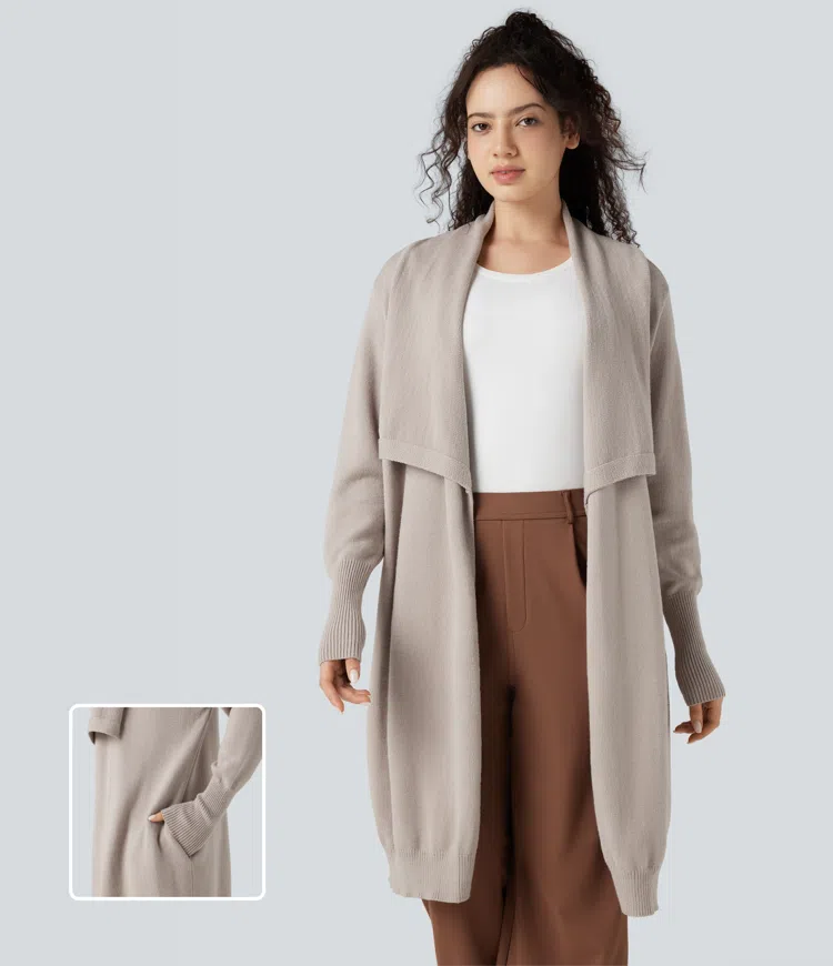 Vintage Khaki Cárdigan de trabajo largo con solapa, mangas largas y bolsillos. / 1
