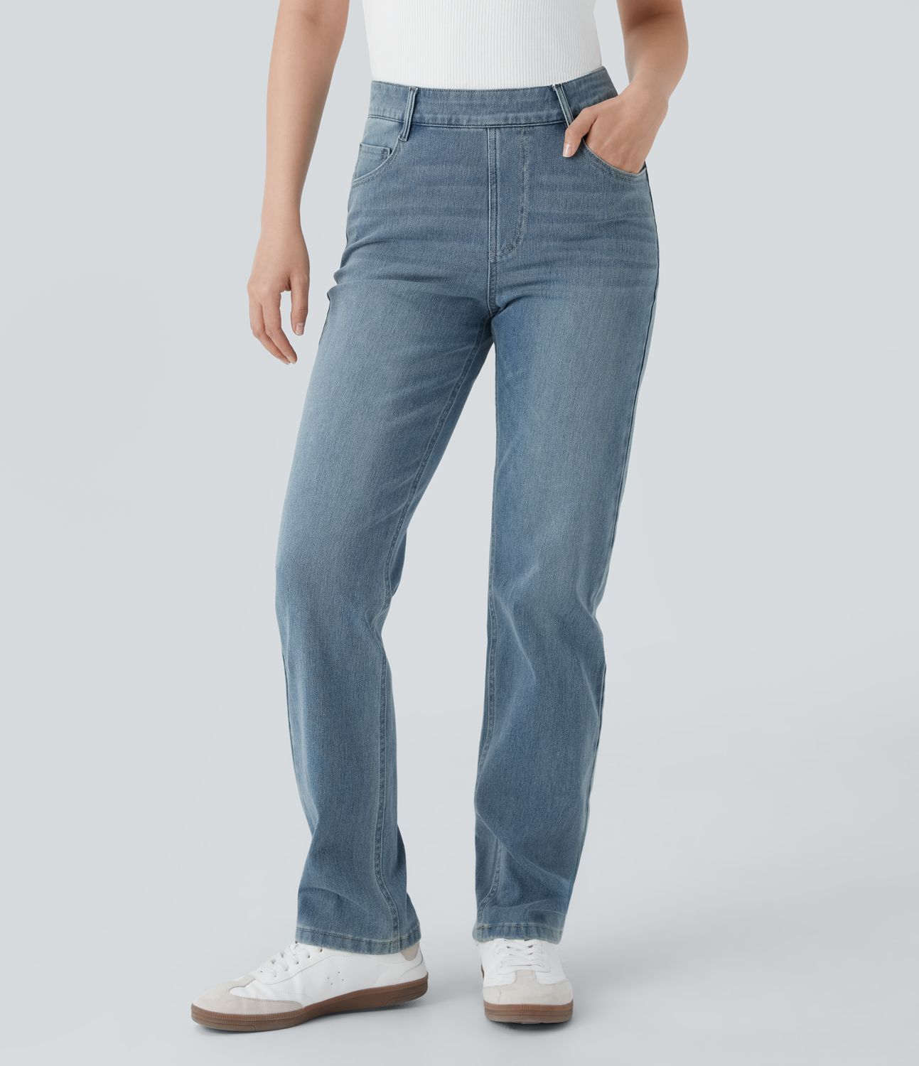 Halara Flex™ High-Waist Multiple Pocket Straight Washed Stretch Knit Casual Jeans