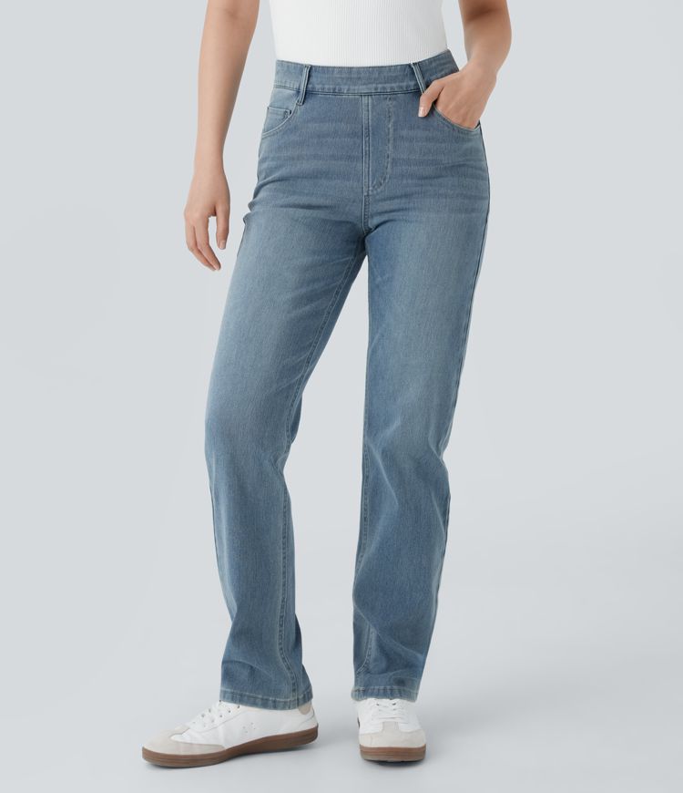Halara Flex™ High-Waist Multiple Pocket Straight Washed Stretch Knit Casual Jeans