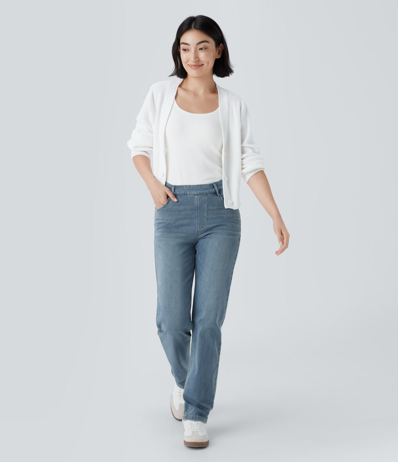 Halara Flex™ High-Waist Multiple Pocket Straight Washed Stretch Knit Casual Jeans