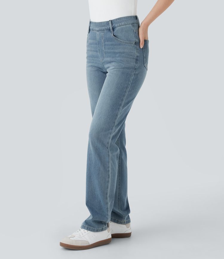 Halara Flex™ High-Waist Multiple Pocket Straight Washed Stretch Knit Casual Jeans