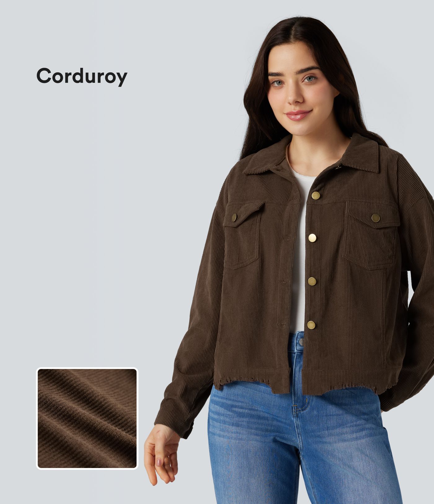 Long Sleeve Button Fly Corduroy Casual Shacket Jacket with Pockets