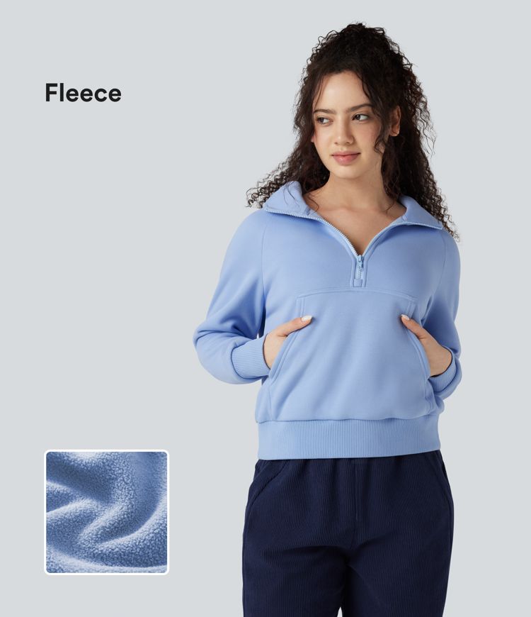 Hooded Half Zip Long Sleeve Fleece Casual Cotton Sweatshirt with Pocket