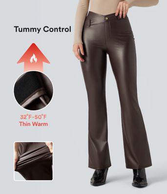 Asymmetric High Waisted Tummy Control Stretchy PU Fleece Casual Flare Pants with Pockets