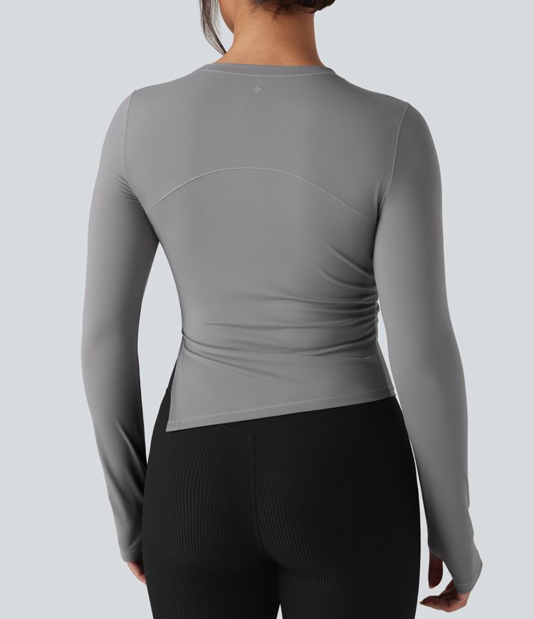Round Neck Long Sleeve Thumb Holes Asymmetric Split Hem Yoga Sports Top