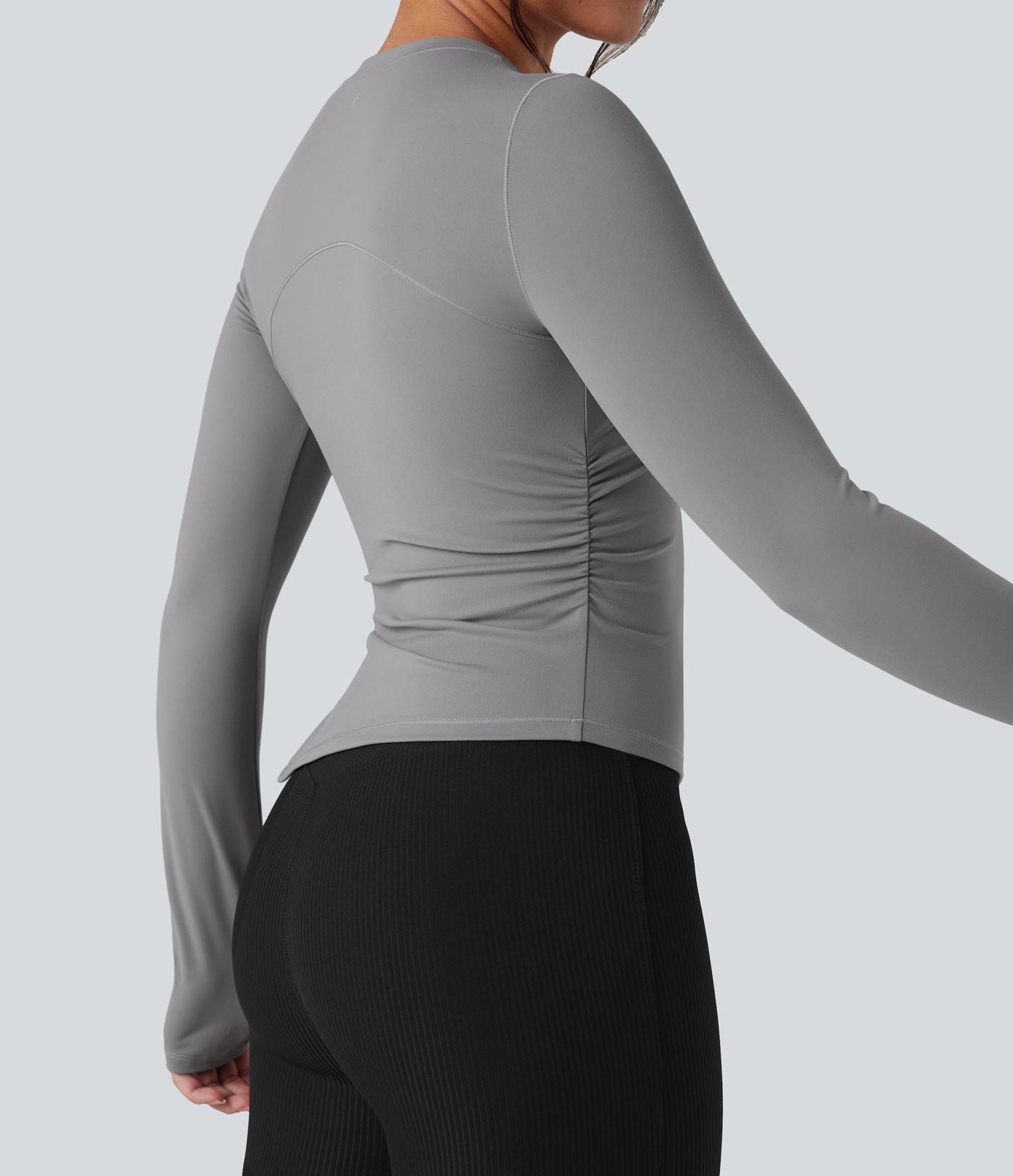 Round Neck Long Sleeve Thumb Holes Asymmetric Split Hem Yoga Sports Top