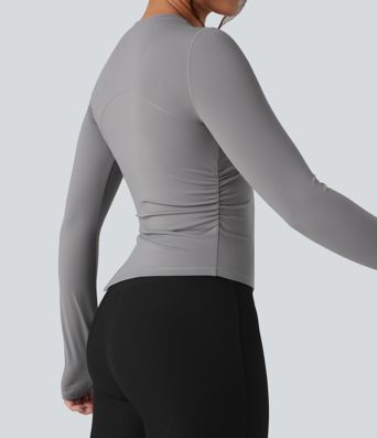 Round Neck Long Sleeve Thumb Holes Asymmetric Split Hem Yoga Sports Top