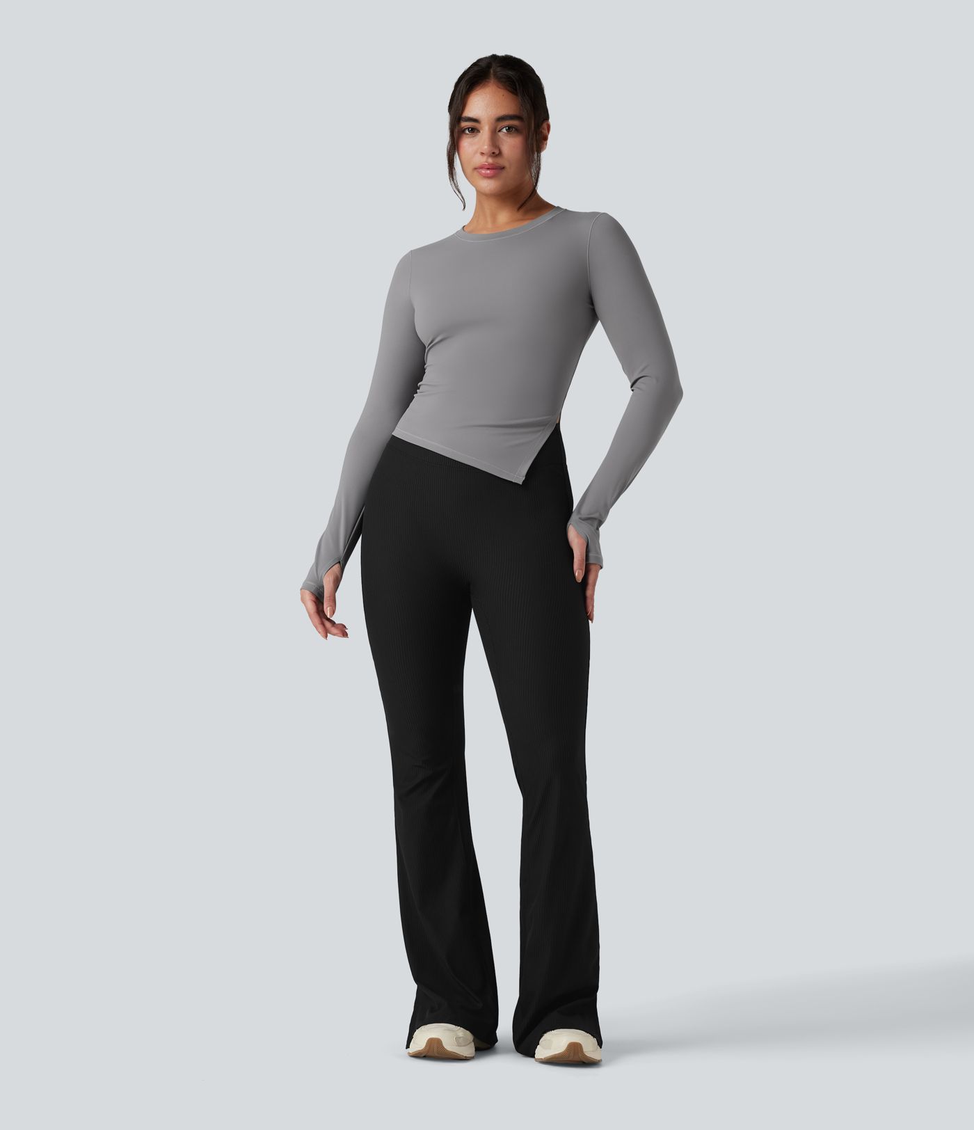 Round Neck Long Sleeve Thumb Holes Asymmetric Split Hem Yoga Sports Top