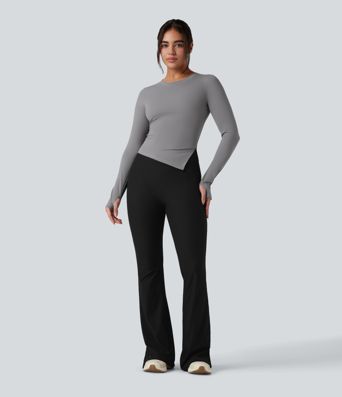 Round Neck Long Sleeve Thumb Holes Asymmetric Split Hem Yoga Sports Top