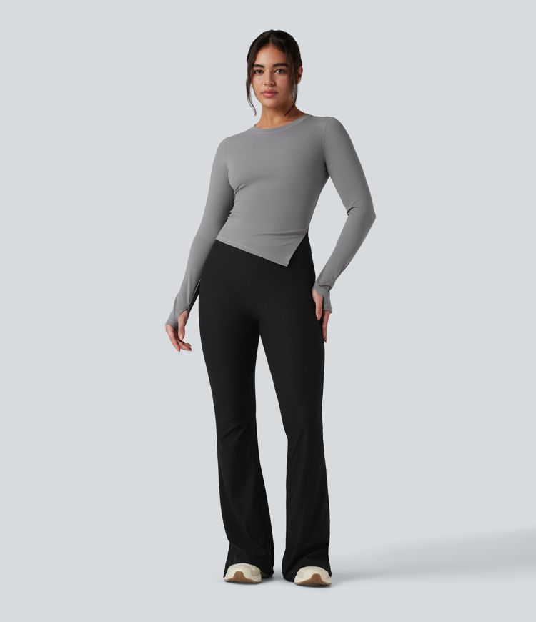 Round Neck Long Sleeve Thumb Holes Asymmetric Split Hem Yoga Sports Top