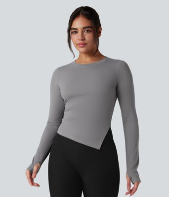 Round Neck Long Sleeve Thumb Holes Asymmetric Split Hem Yoga Sports Top