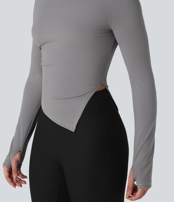 Round Neck Long Sleeve Thumb Holes Asymmetric Split Hem Yoga Sports Top