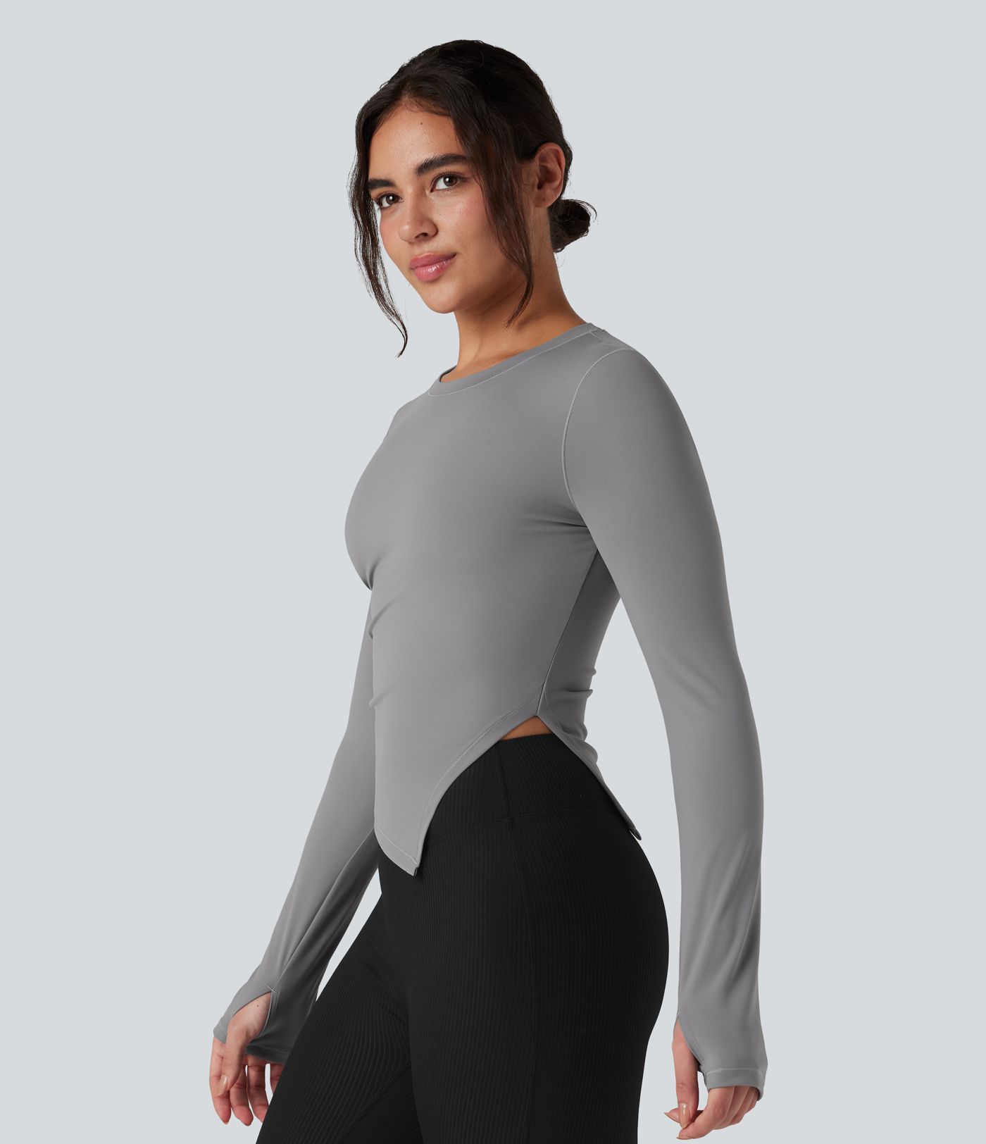 Round Neck Long Sleeve Thumb Holes Asymmetric Split Hem Yoga Sports Top