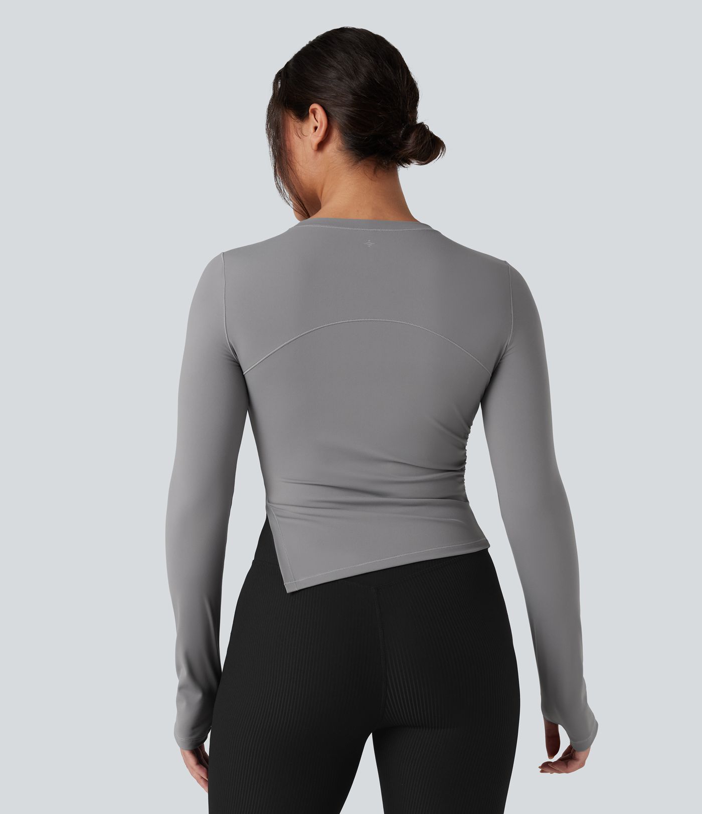 Round Neck Long Sleeve Thumb Holes Asymmetric Split Hem Yoga Sports Top