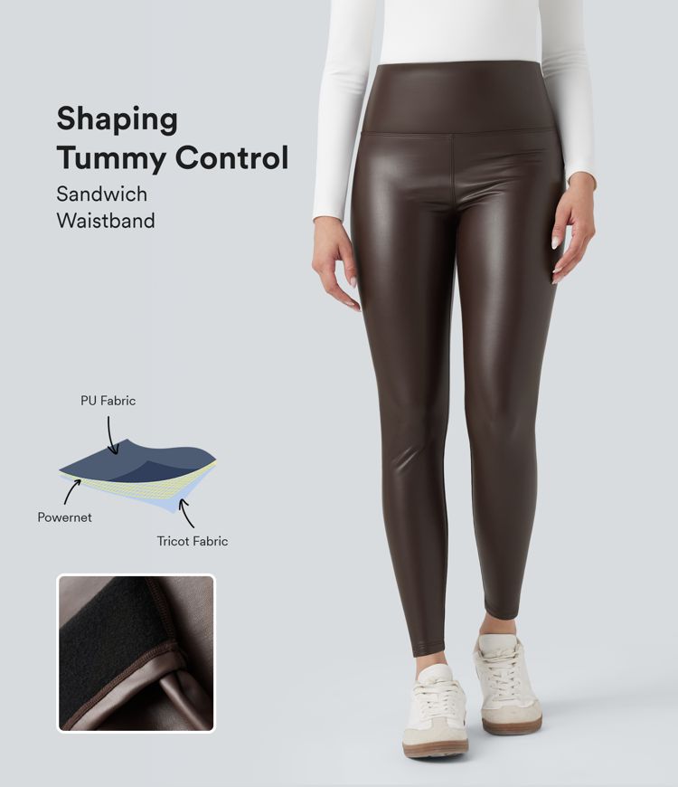 High Waisted Tummy Control Stretchy PU Fleece 7/8 Skinny Casual Leggings with Pockets