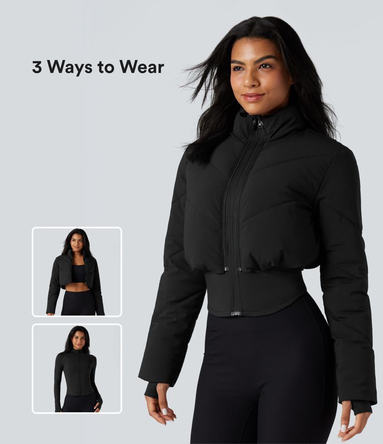Manteau doudoune court col montant et veste ourlet arrondi avec trous pouces et poche